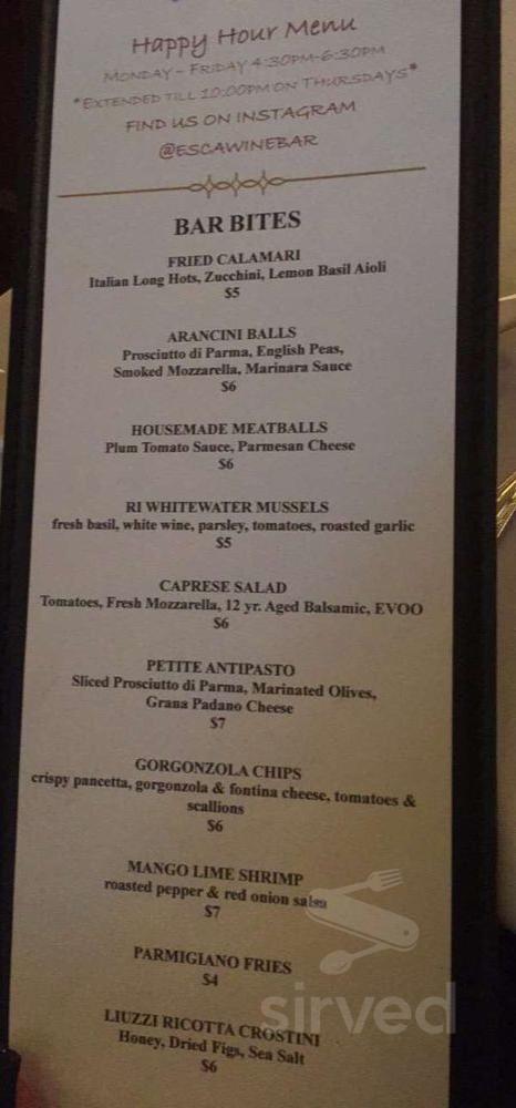 Esca Restaurant & Wine Bar happy hour menu in Middletown, Connecticut