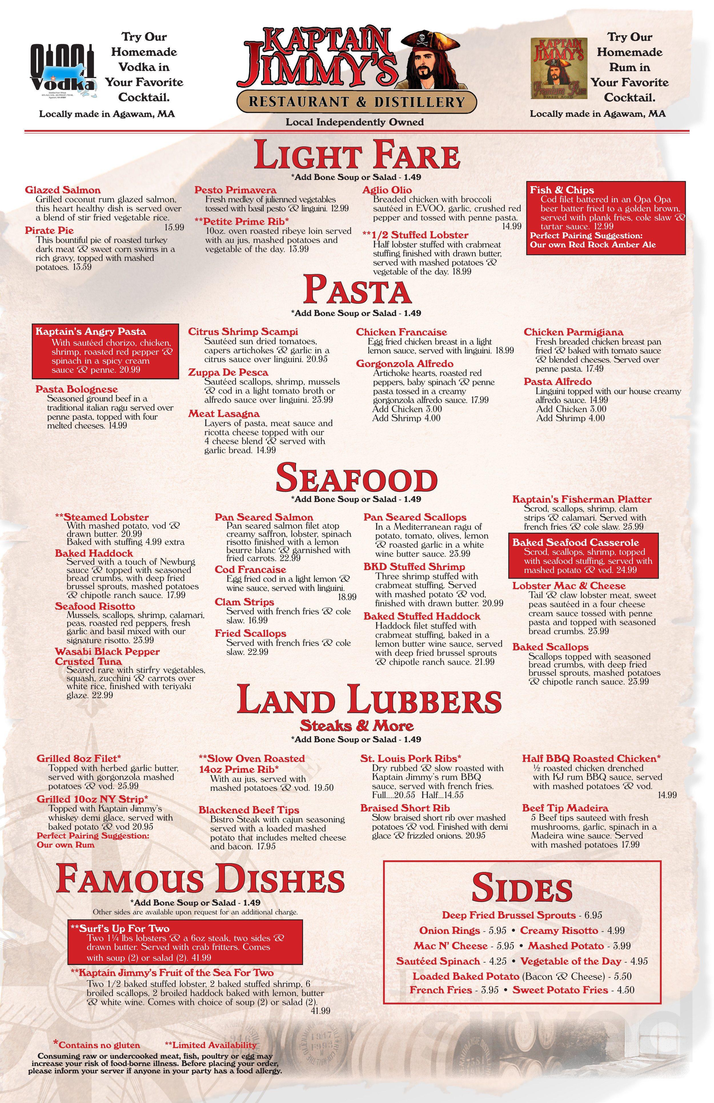 Menu - Agawam MA's Kaptain Jimmy's Restaurant & Distillery | Sirved
