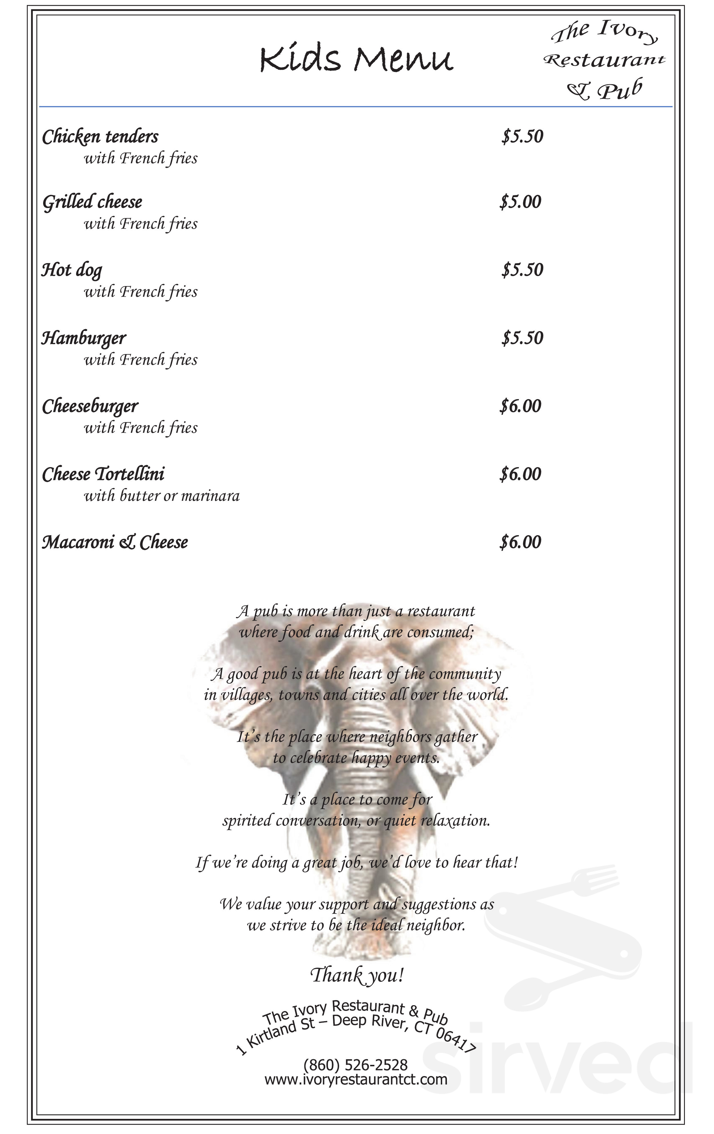 The Ivory Restaurant & Pub kids menu in Deep River, Connecticut