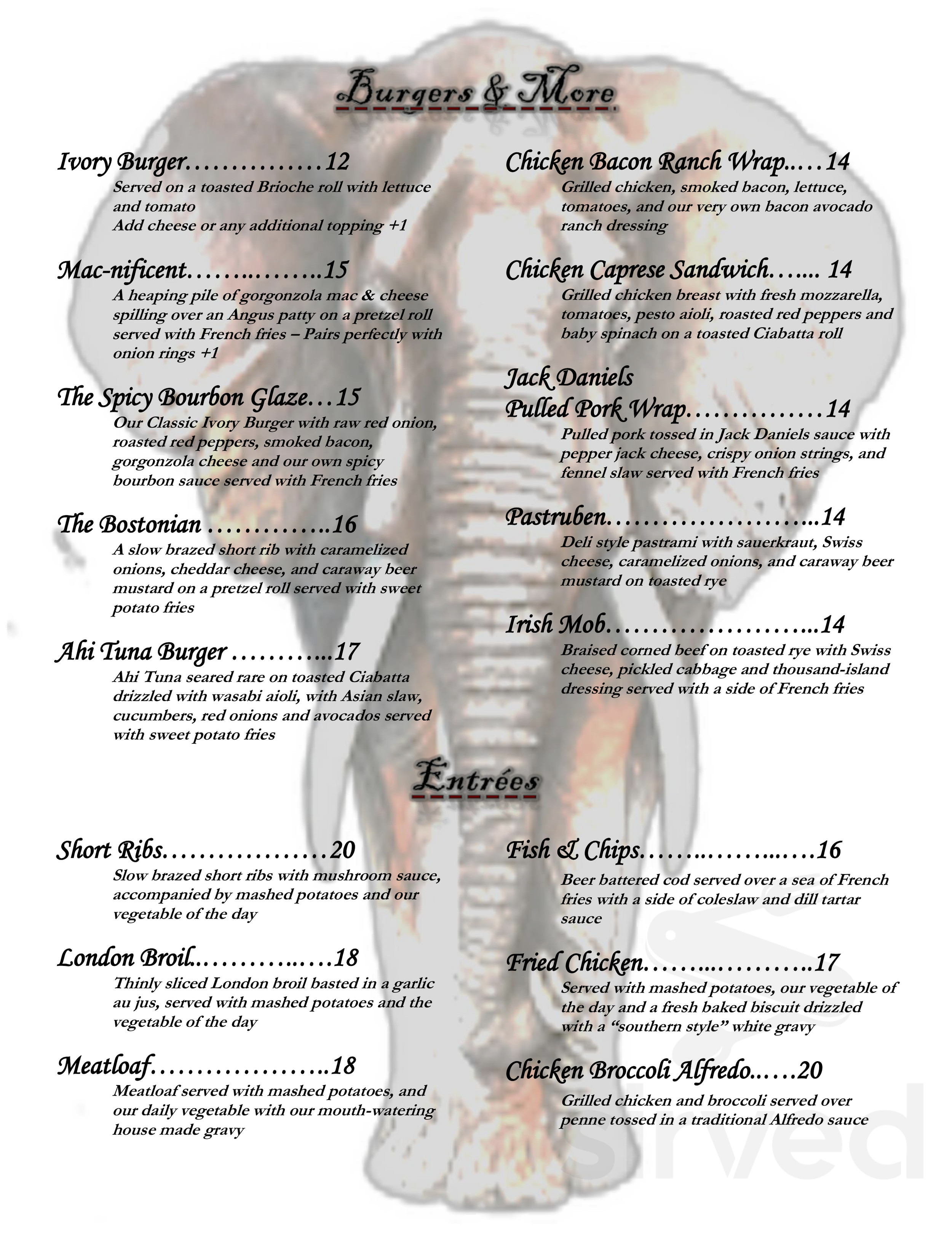 The Ivory Restaurant & Pub lunch menu in Deep River, Connecticut
