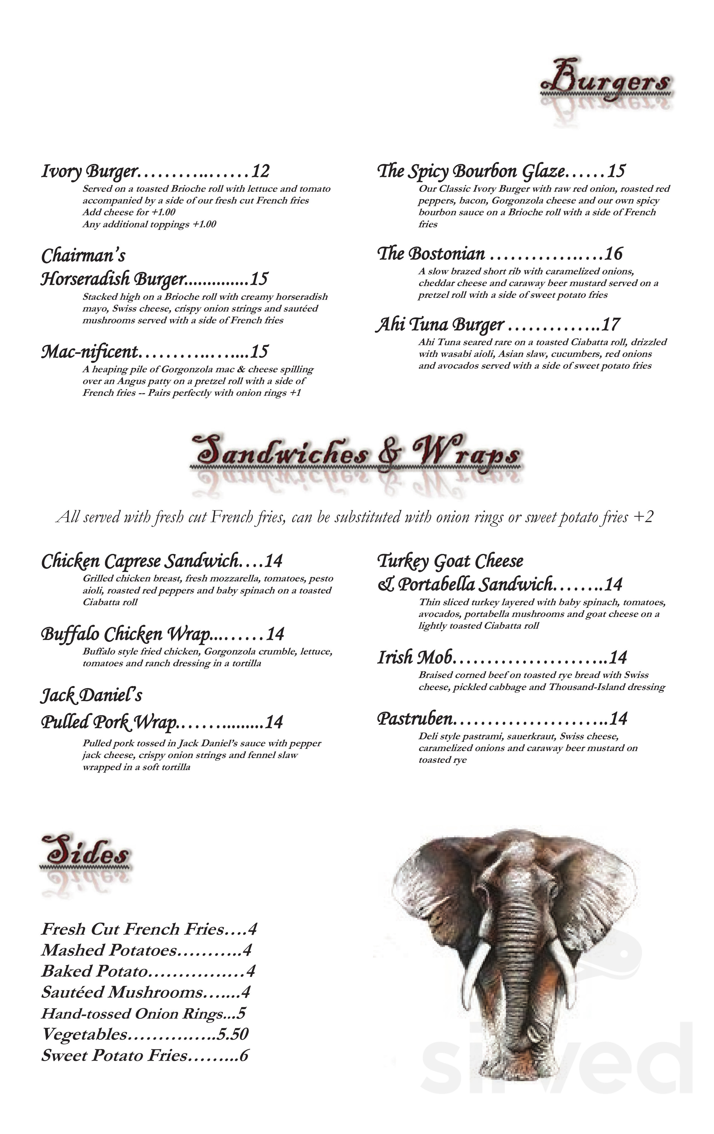 The Ivory Restaurant & Pub menu in Deep River, Connecticut