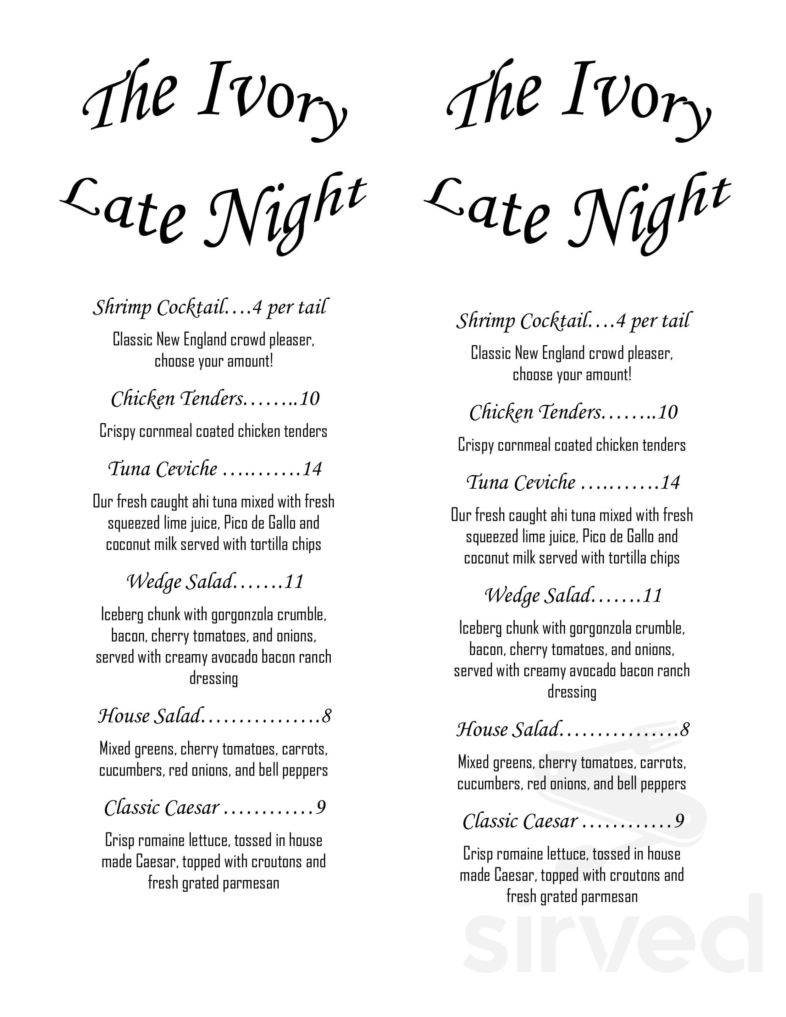 The Ivory Restaurant & Pub late night menu in Deep River, Connecticut