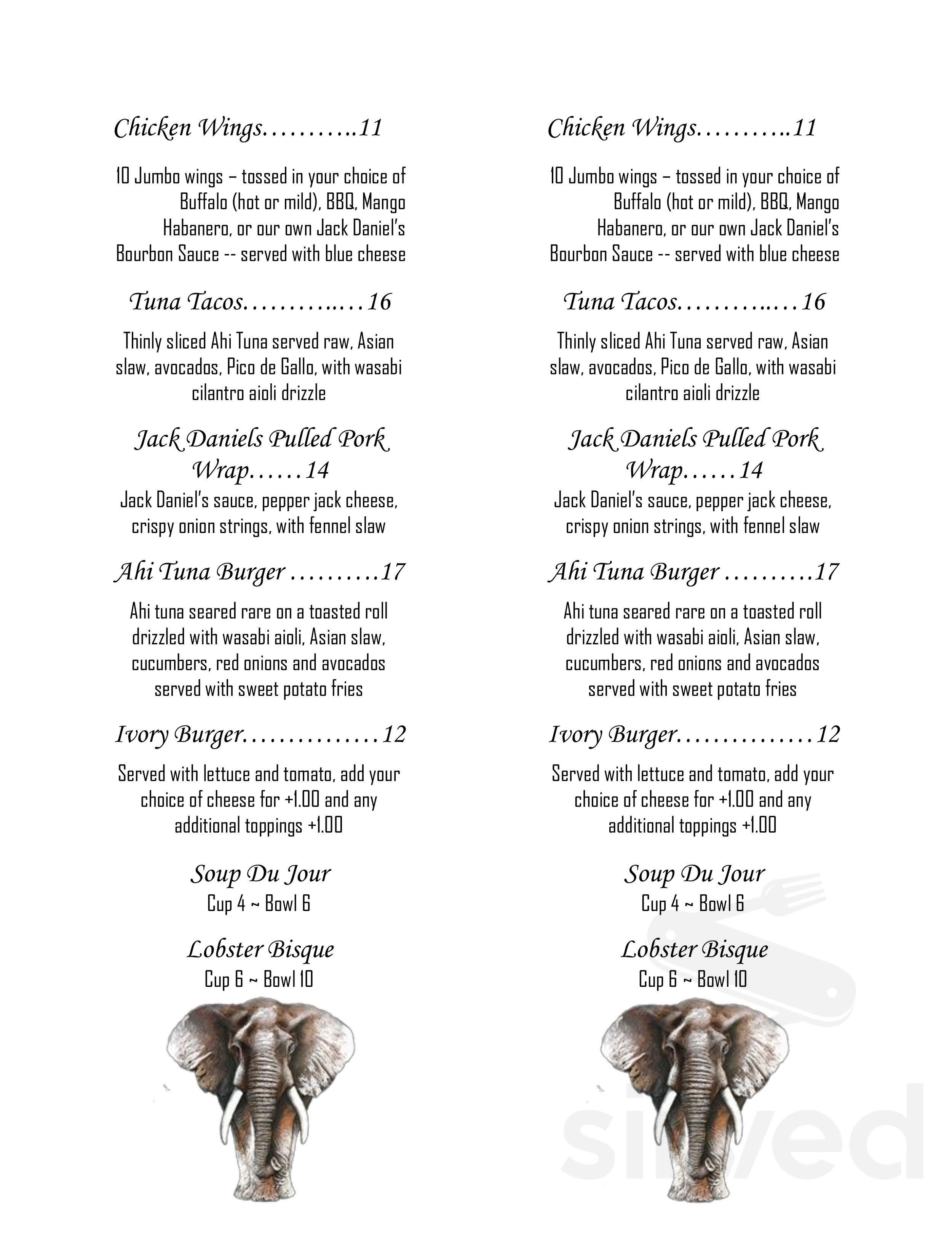 The Ivory Restaurant & Pub late night menu in Deep River, Connecticut