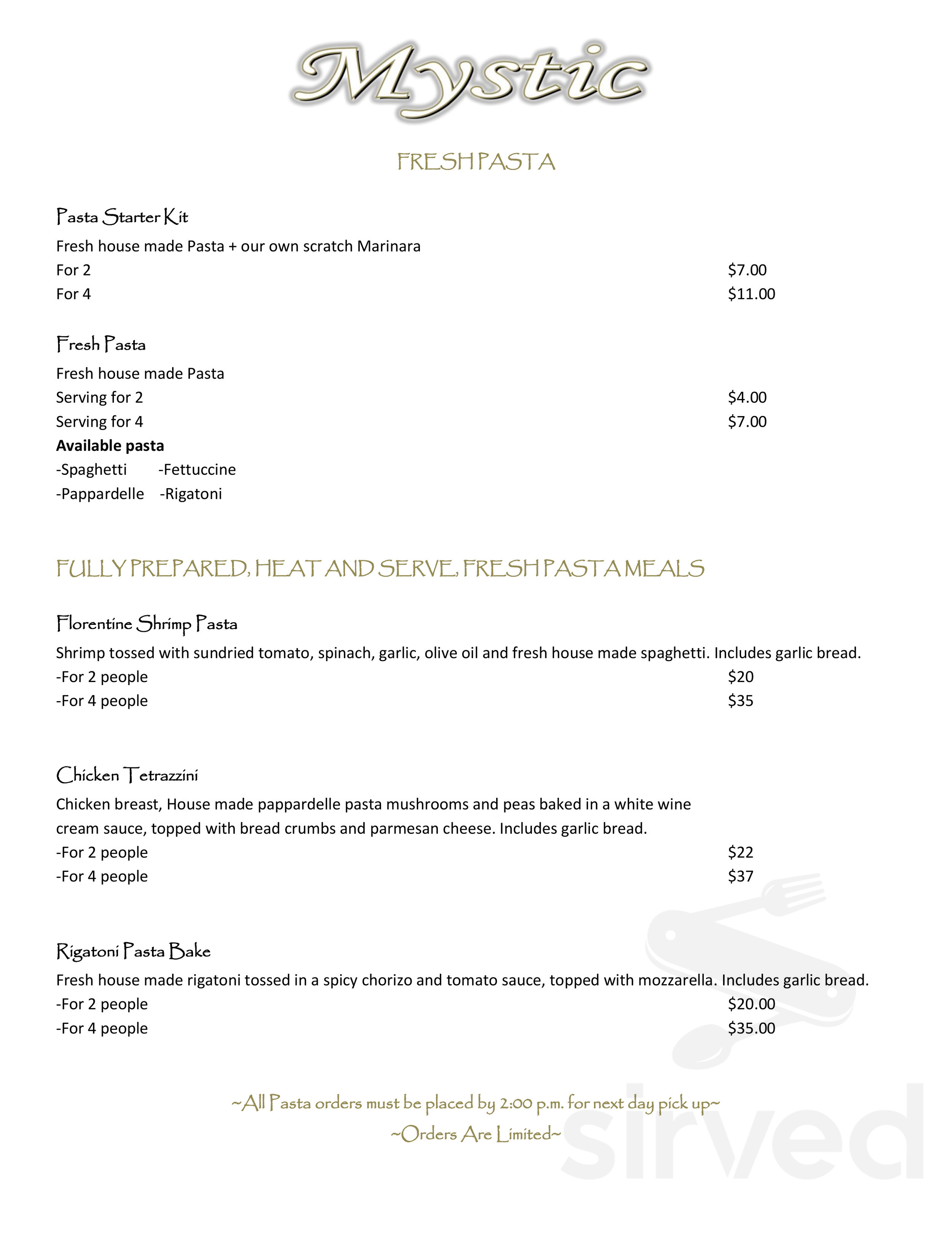 Menu Gander NL's Mystic Dining Room Sirved