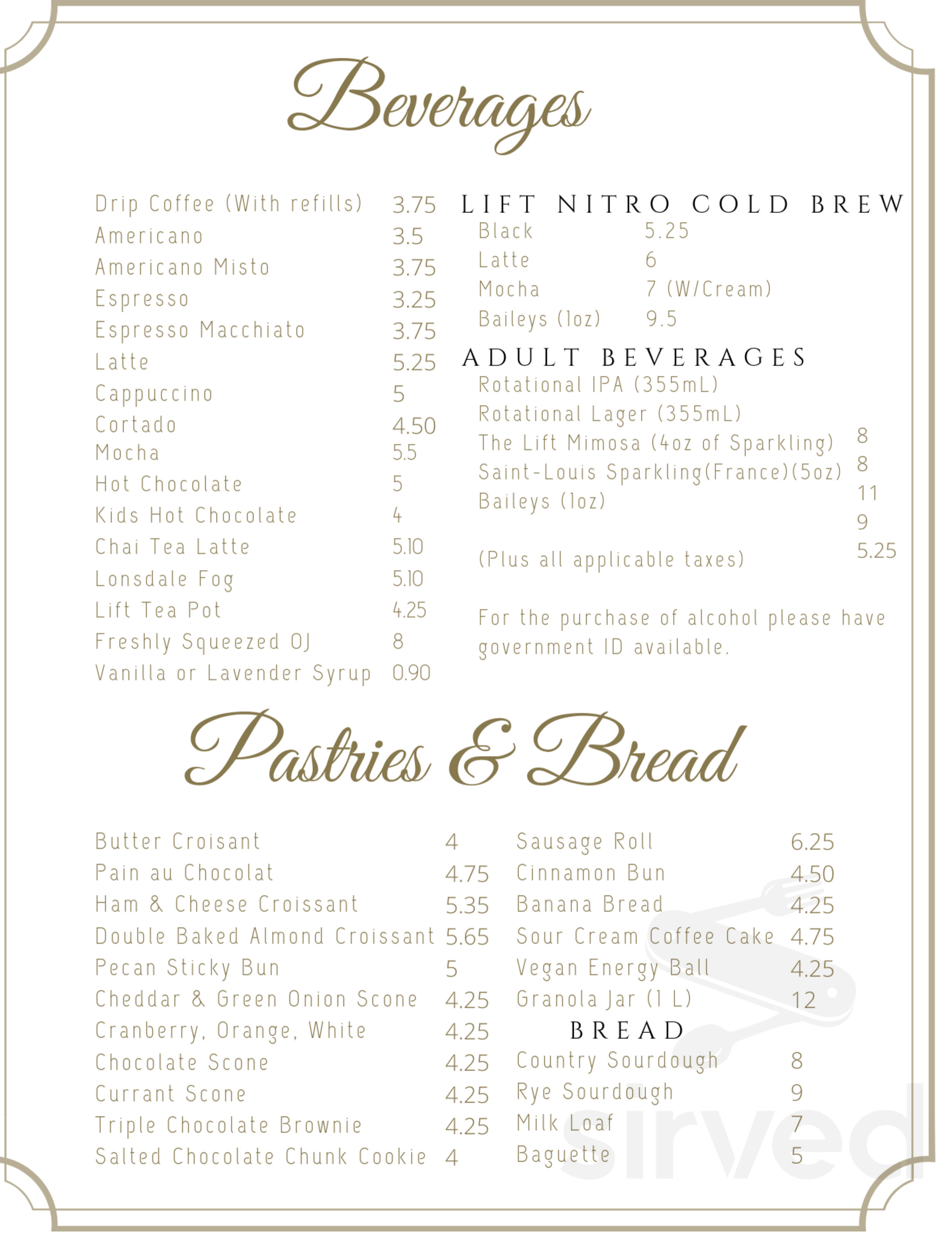 Menu North Vancouver BC's Lift Breakfast Bakery Ltd Sirved