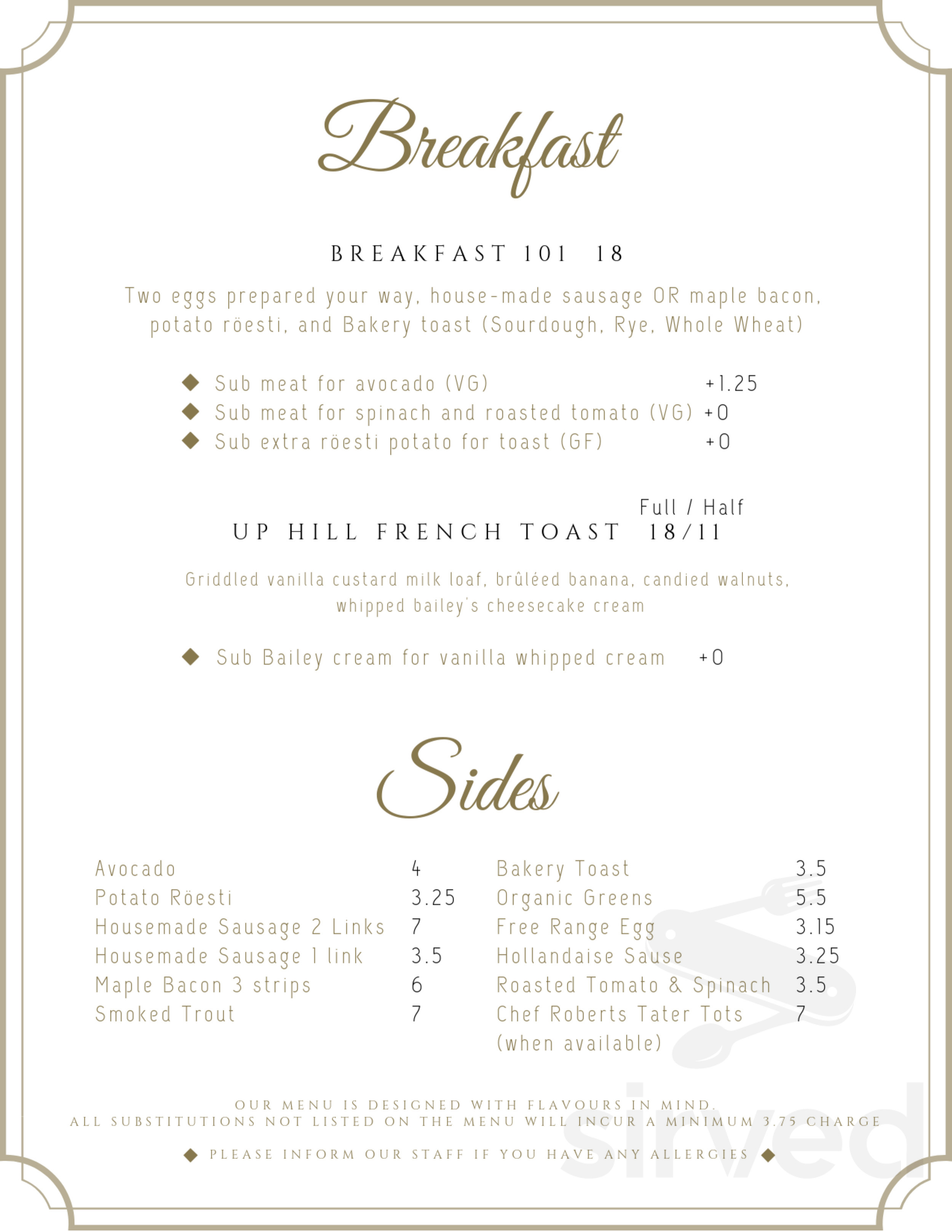 Menu North Vancouver BC's Lift Breakfast Bakery Ltd Sirved