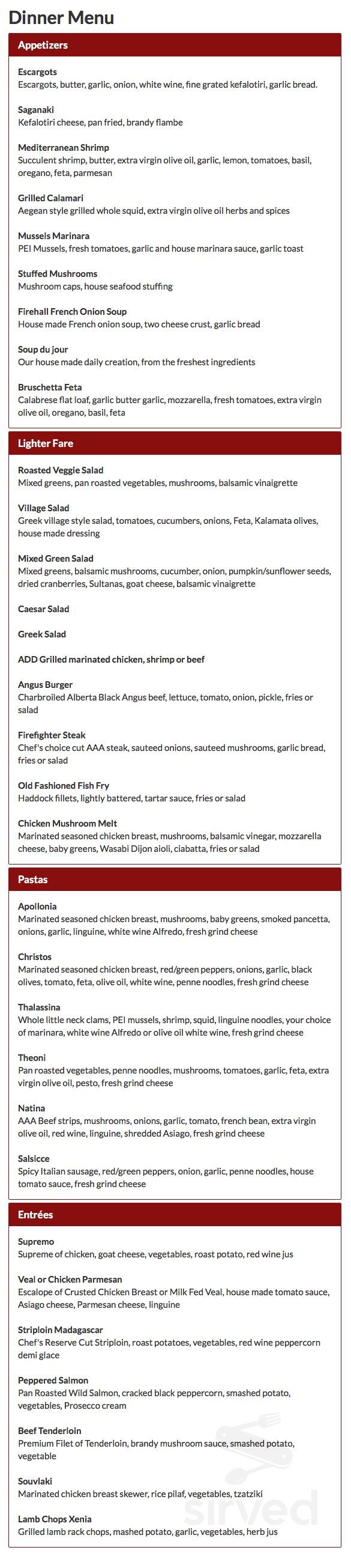 The Old Firehall Restaurant menus in St. Davids, Ontario, Canada