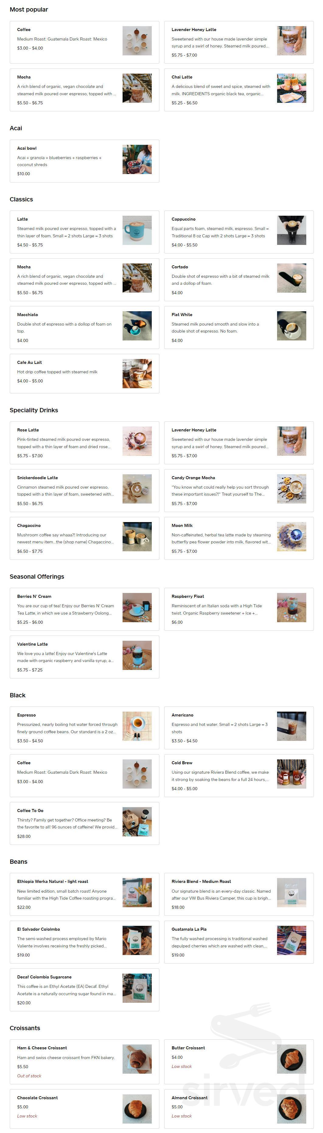 High Tide Coffee menu in San Clemente, California, USA