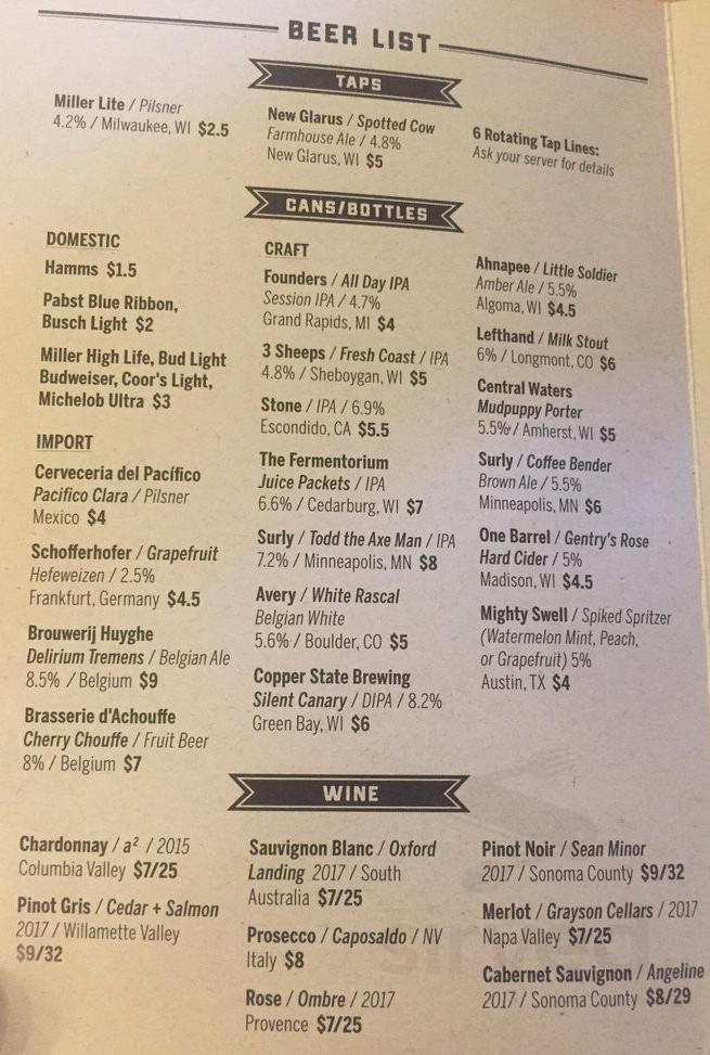 Cherry Lanes Arcade Bar menus in Sturgeon Bay, Wisconsin, United States