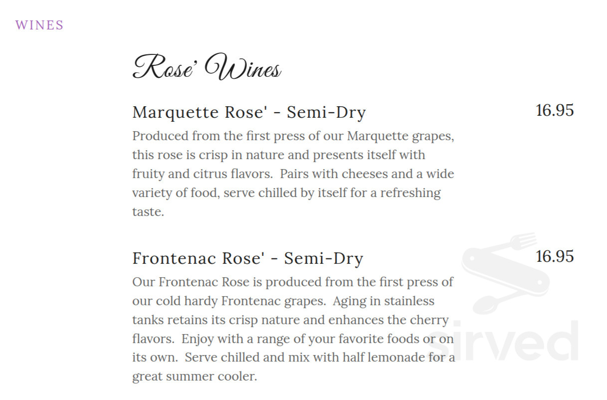 The Cape Winery menu in Cape Vincent, New York, USA