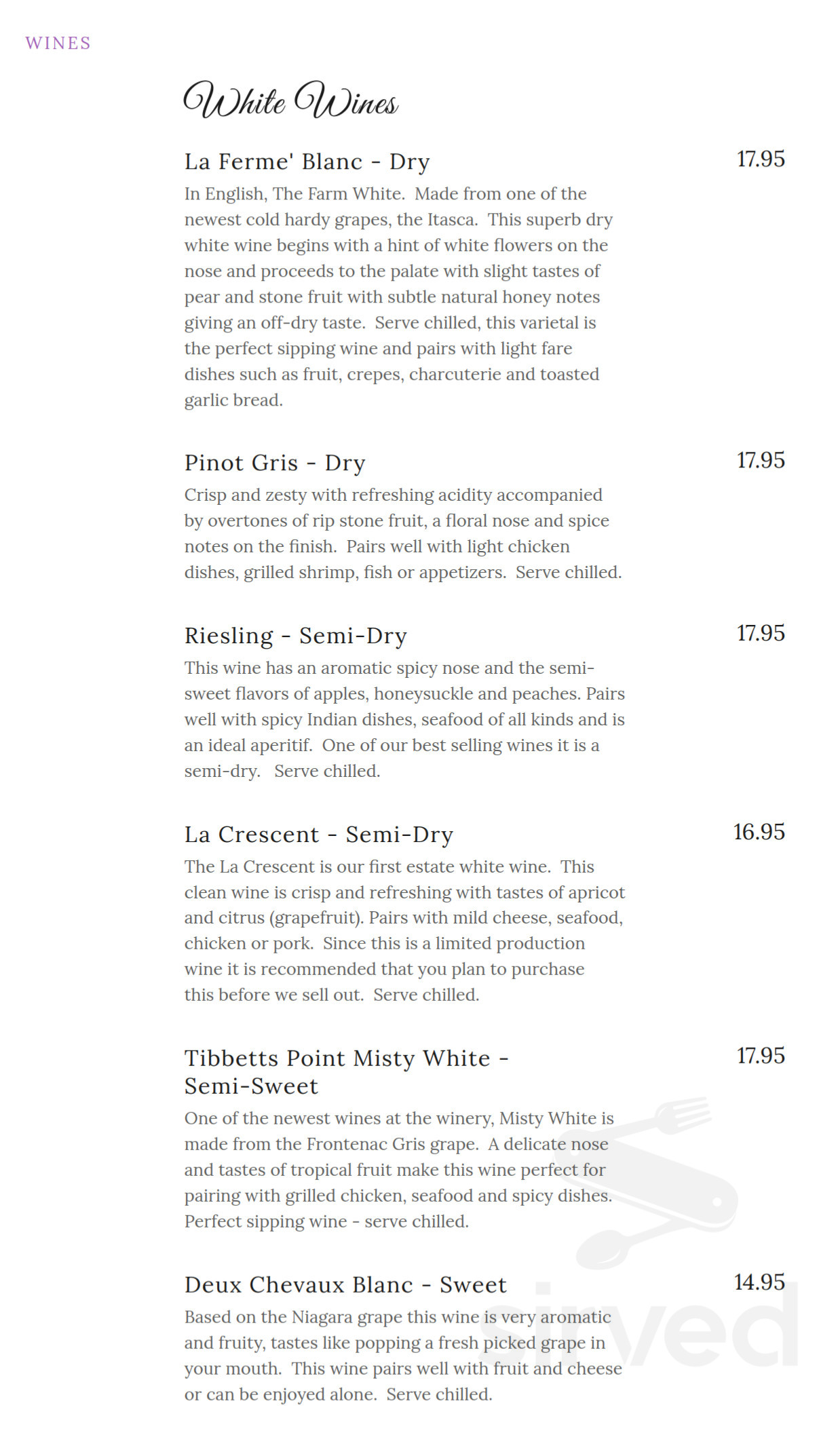 The Cape Winery menu in Cape Vincent, New York, USA