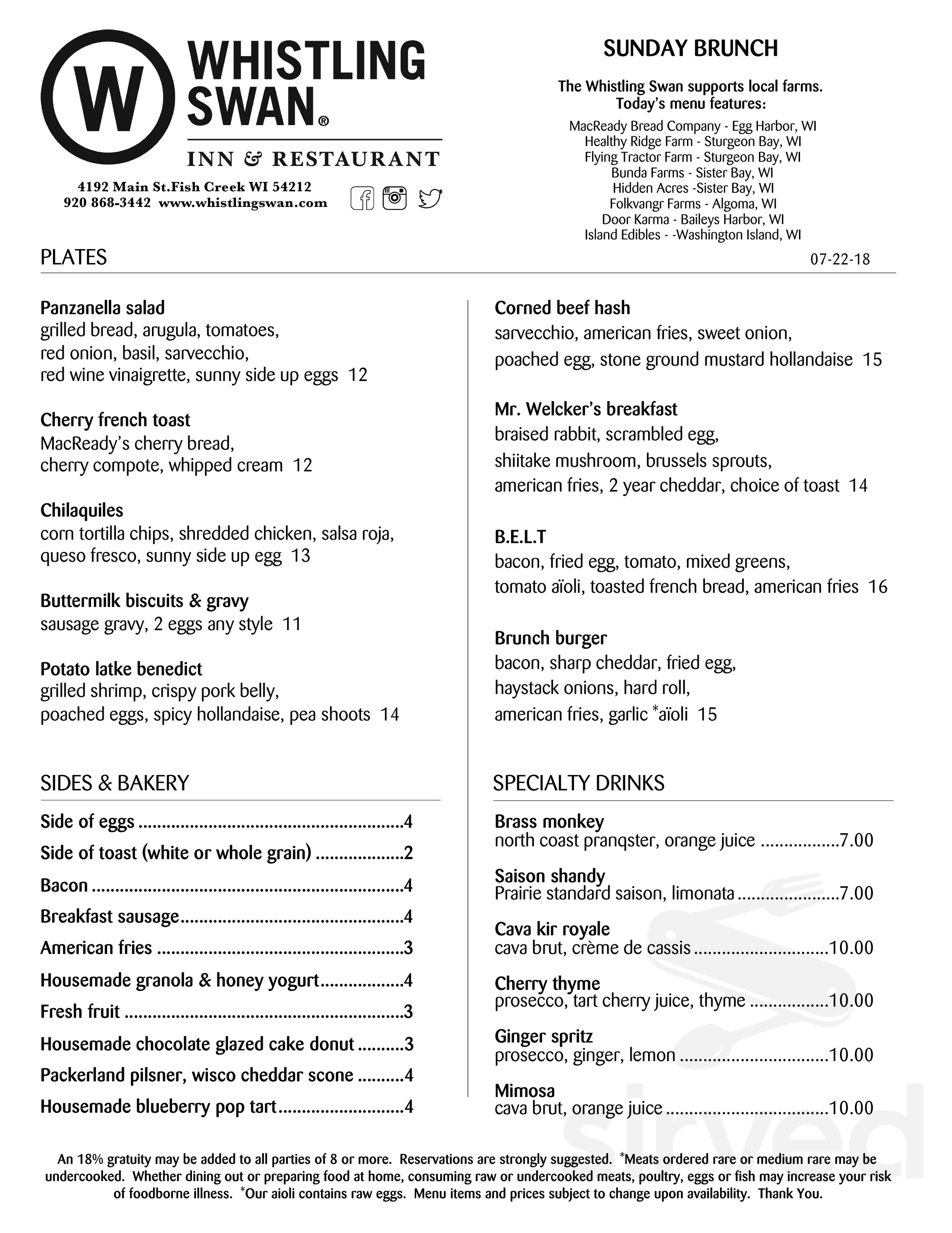 Whistling Swan Inn & Restaurant brunch menu in Fish Creek, Wisconsin