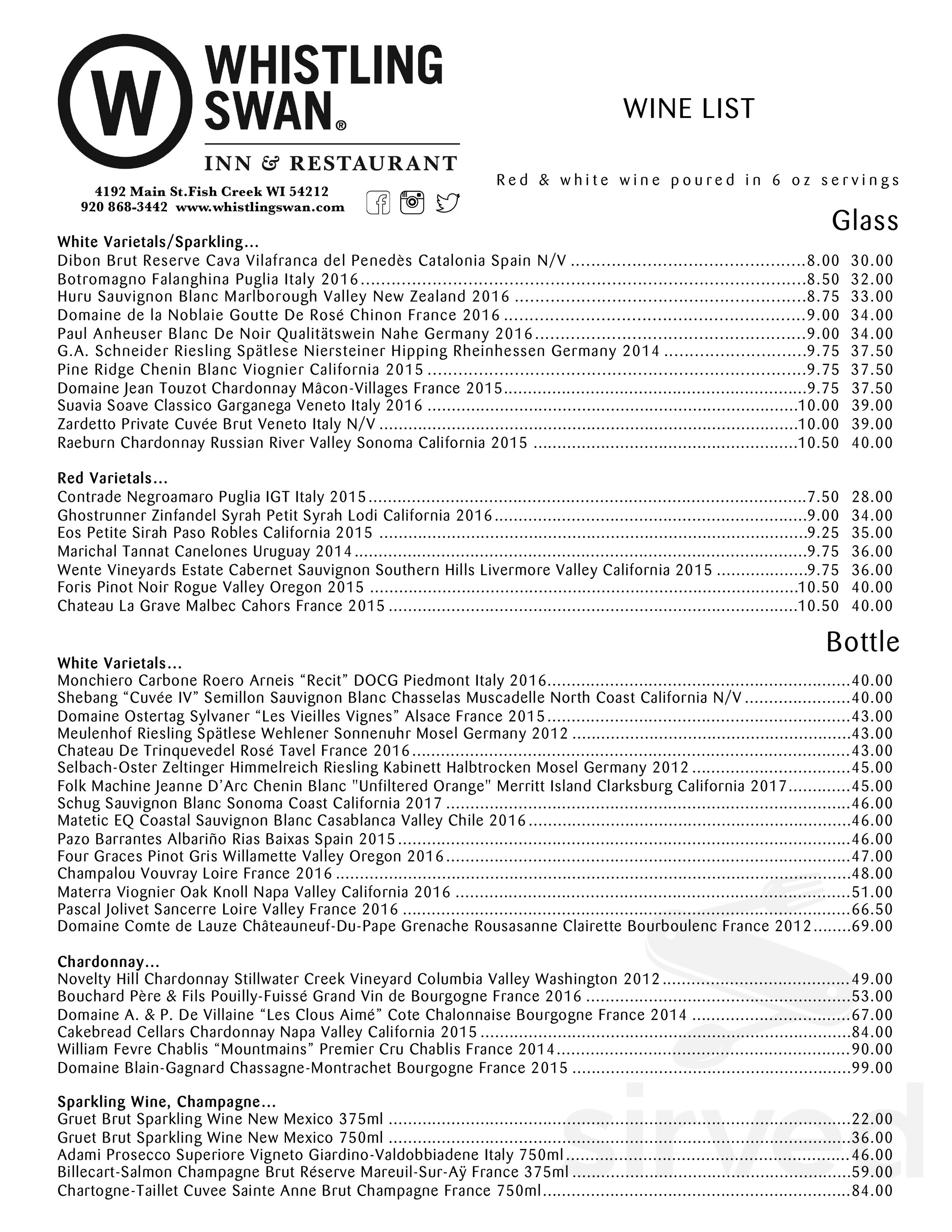 Whistling Swan Inn & Restaurant drink menu in Fish Creek, Wisconsin