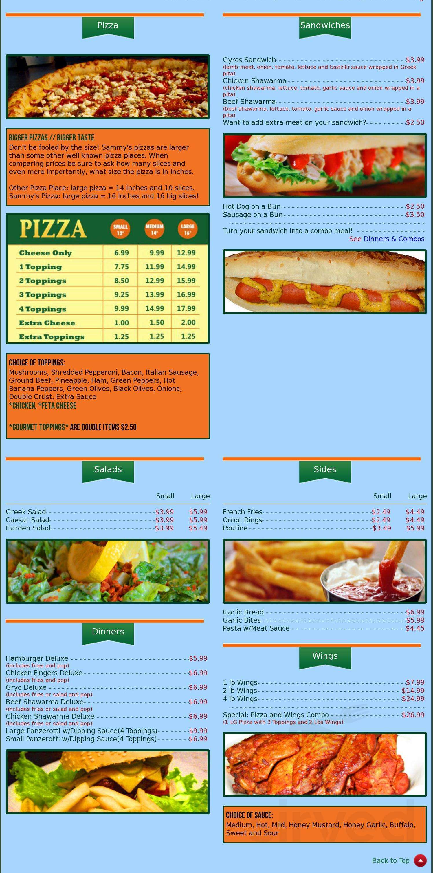 Menu for Sammy's Pizza in Windsor, ON | Sirved