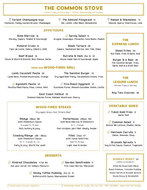 The Common Stove menu in Orillia, Ontario, Canada