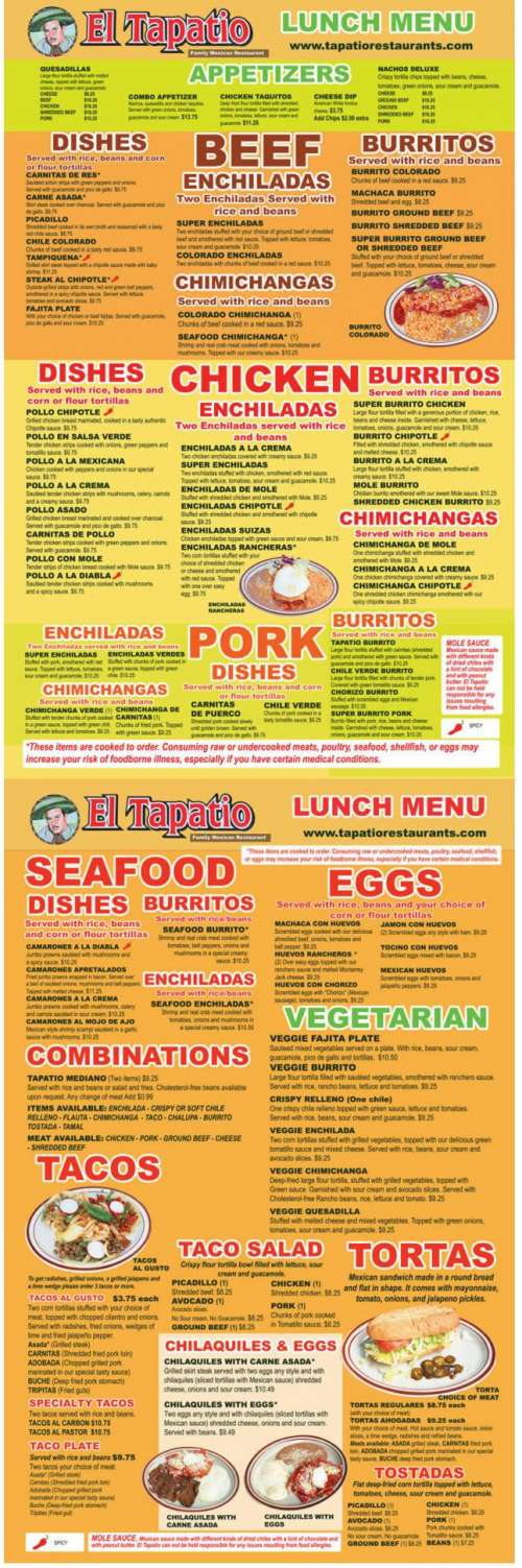 El Tapatio menu in Fruita, Colorado, USA