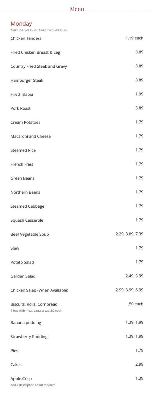Loretta's Country Kitchen menu in Oakwood, Georgia, USA