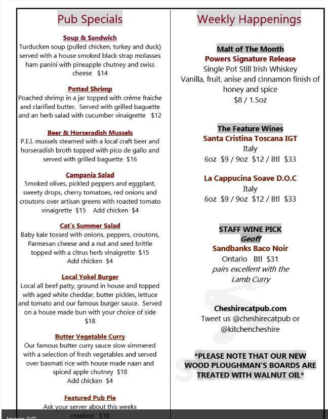 The cheshire cat pub menus in carp ontario canada