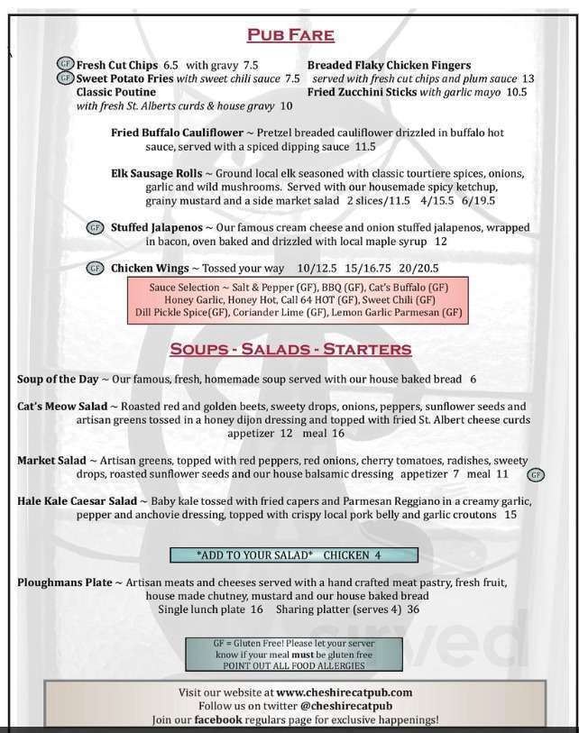 The cheshire cat pub menu in carp ontario canada