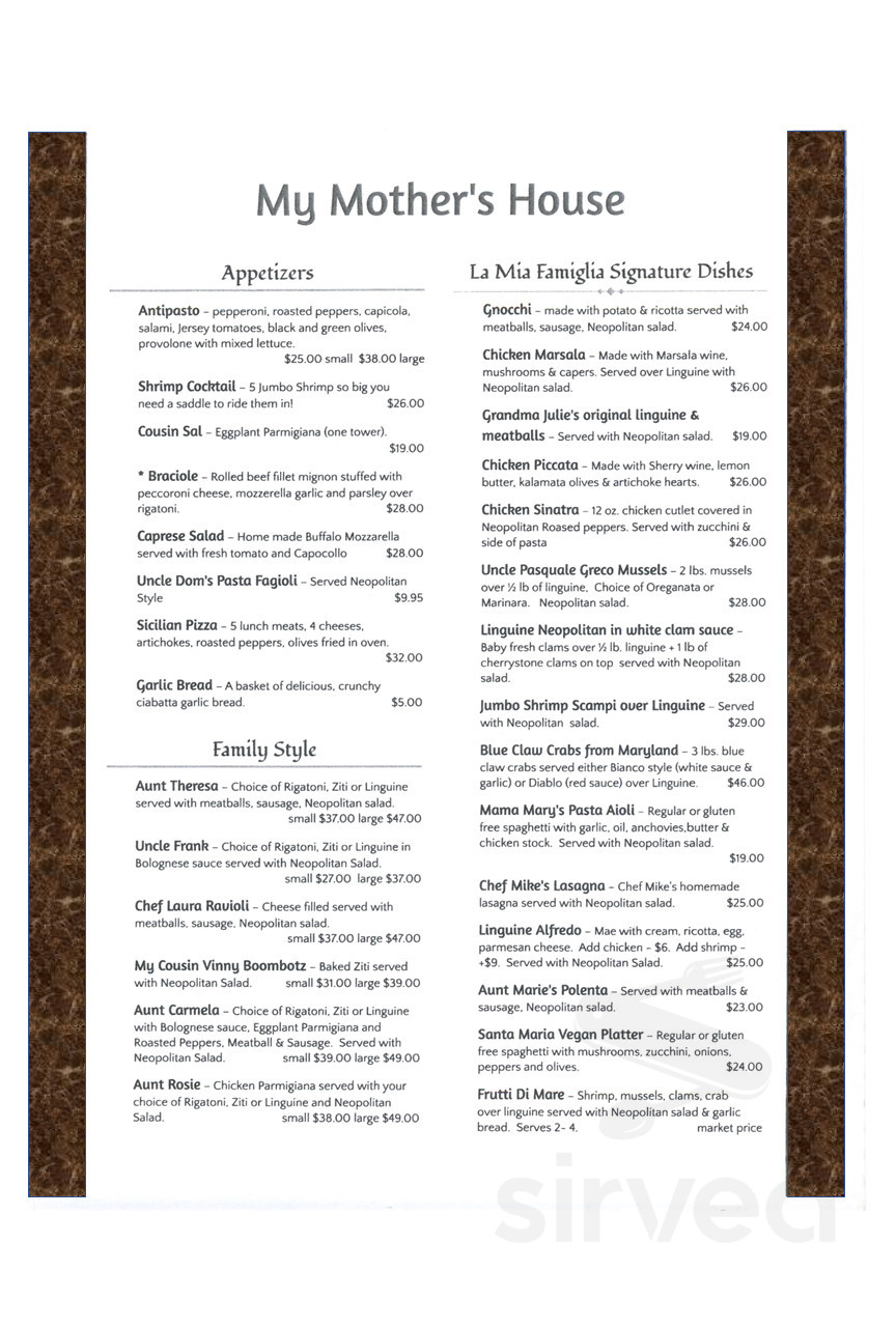 My Mother's House Italian Restaurant menus in Las Vegas, Nevada, United