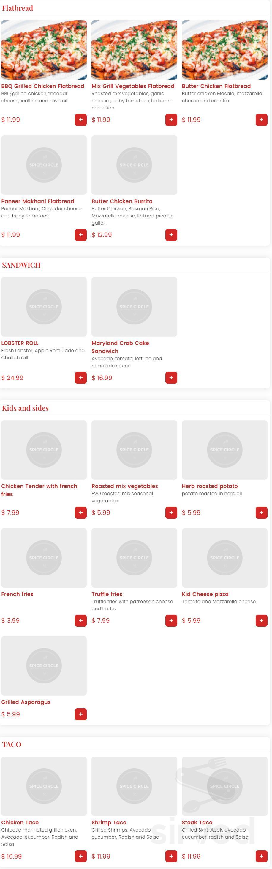 Spice Circle menu in Falls Church, Virginia, USA