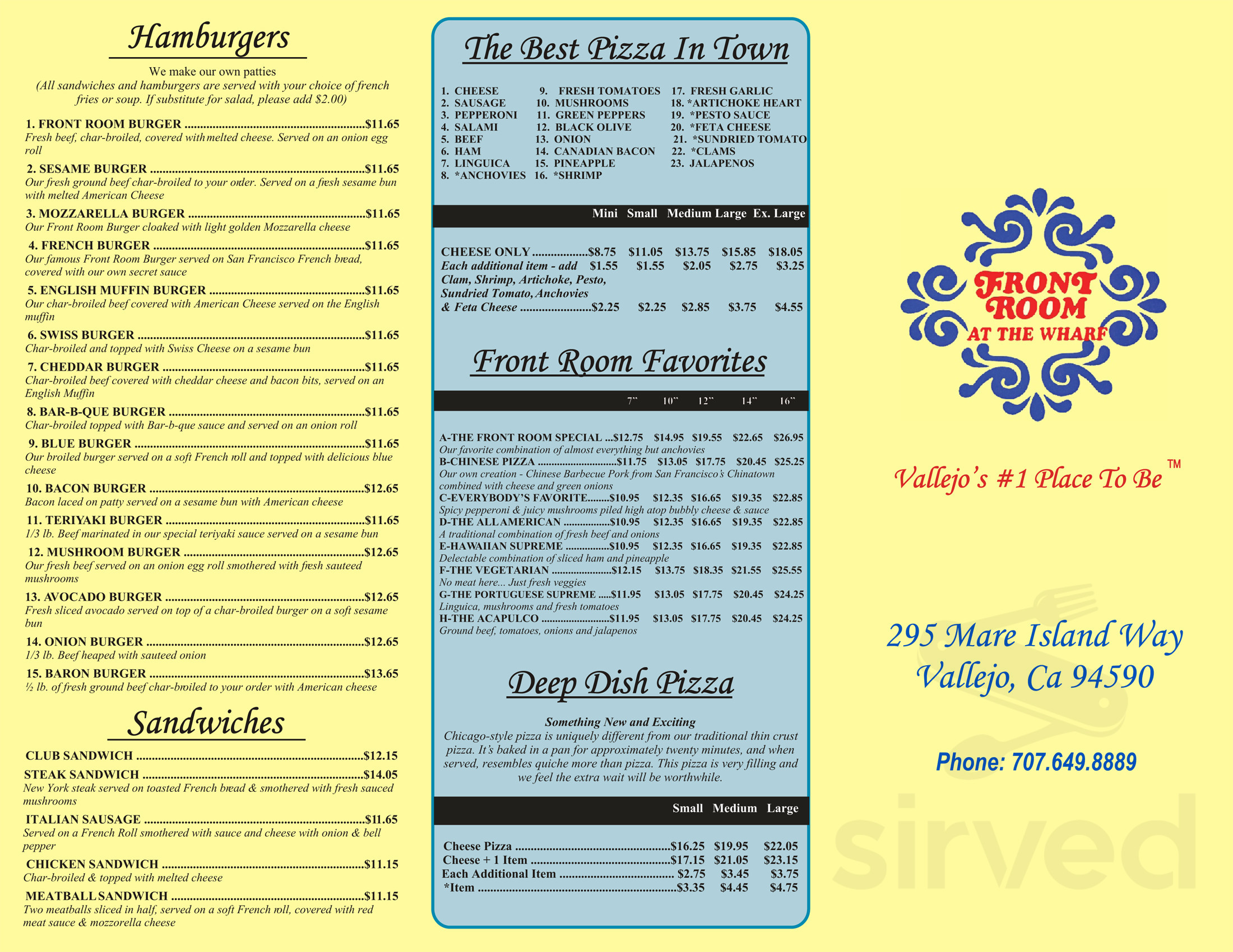 Front Room Menu Menu for Front Room at the Wharf in Vallejo, CA | Sirved