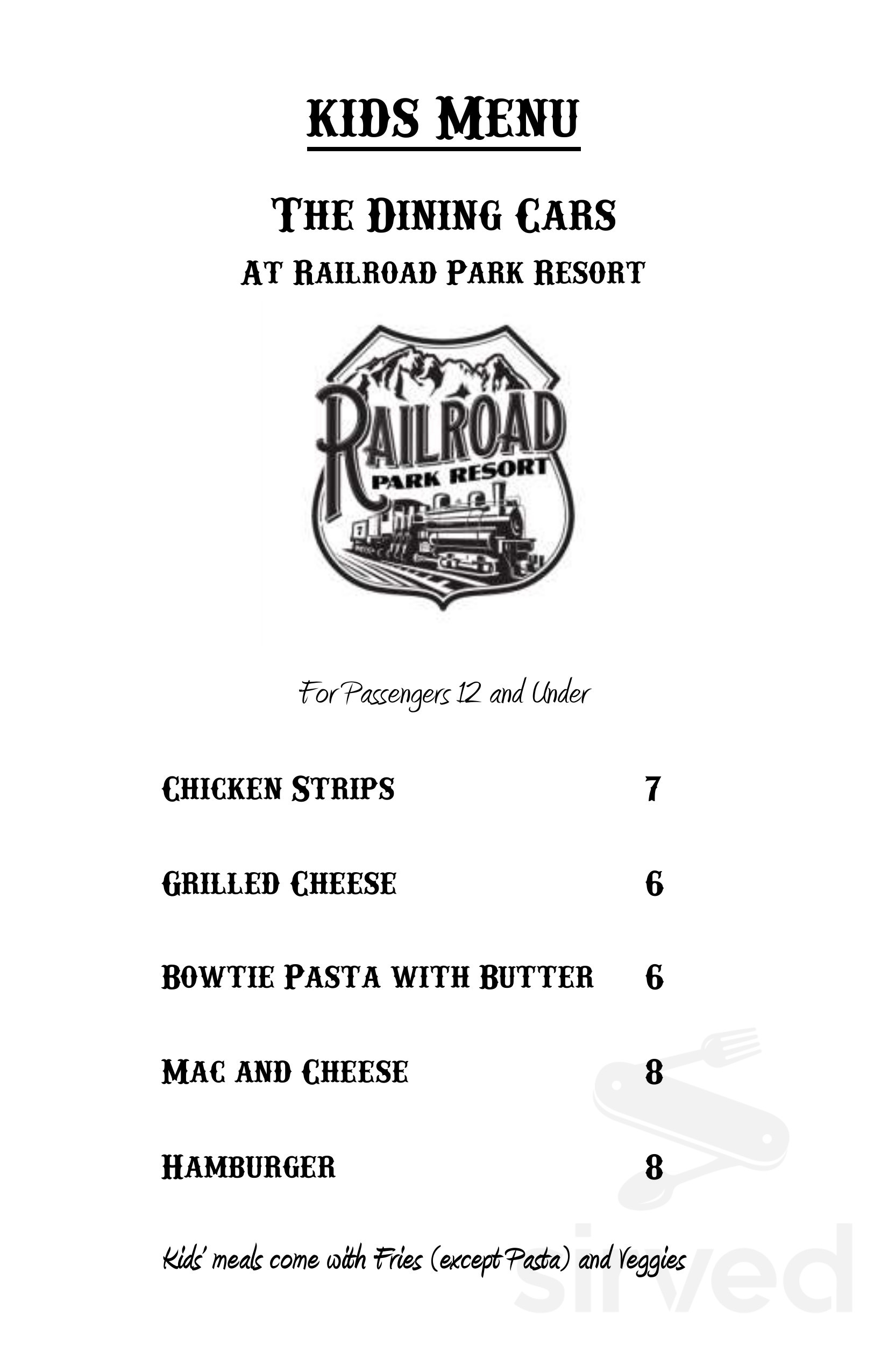 Railroad Park Resort And Dining Car Restaurant menu in Dunsmuir