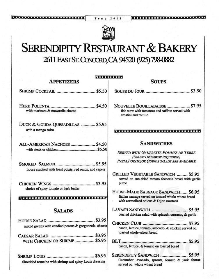 Serendipity Restaurant and Bakery menu in Concord, California