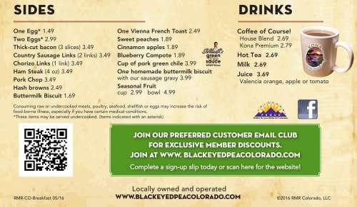 Black-eyed Pea menu in Lakewood, Colorado, USA