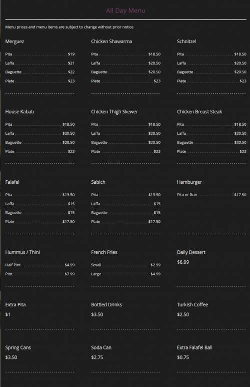 Tel Aviv Grill Menu In Woodland Hills California USA