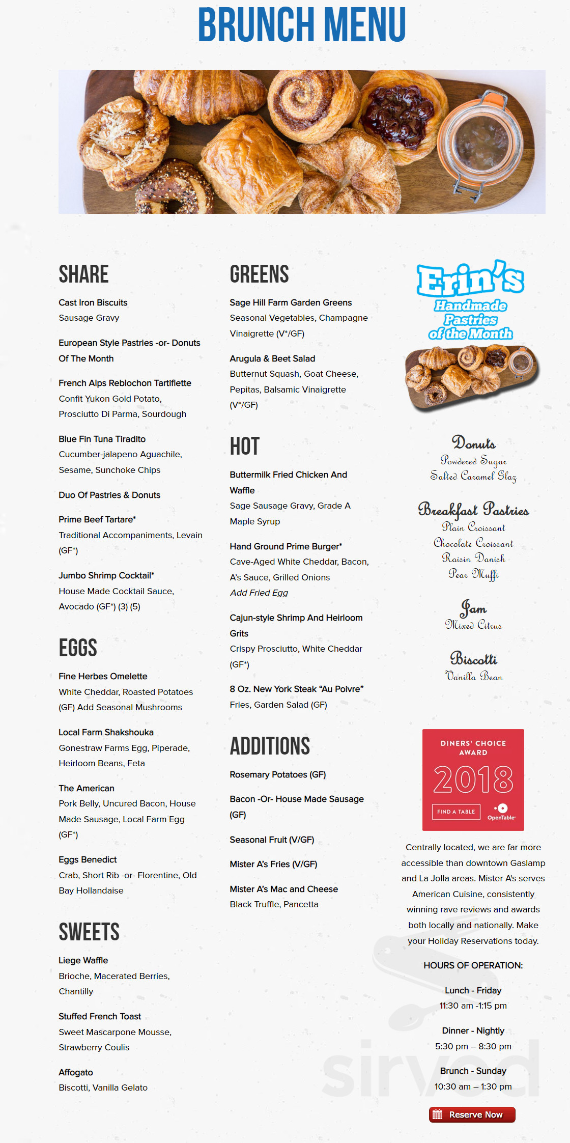 Mister A's menu in San Diego, California, USA