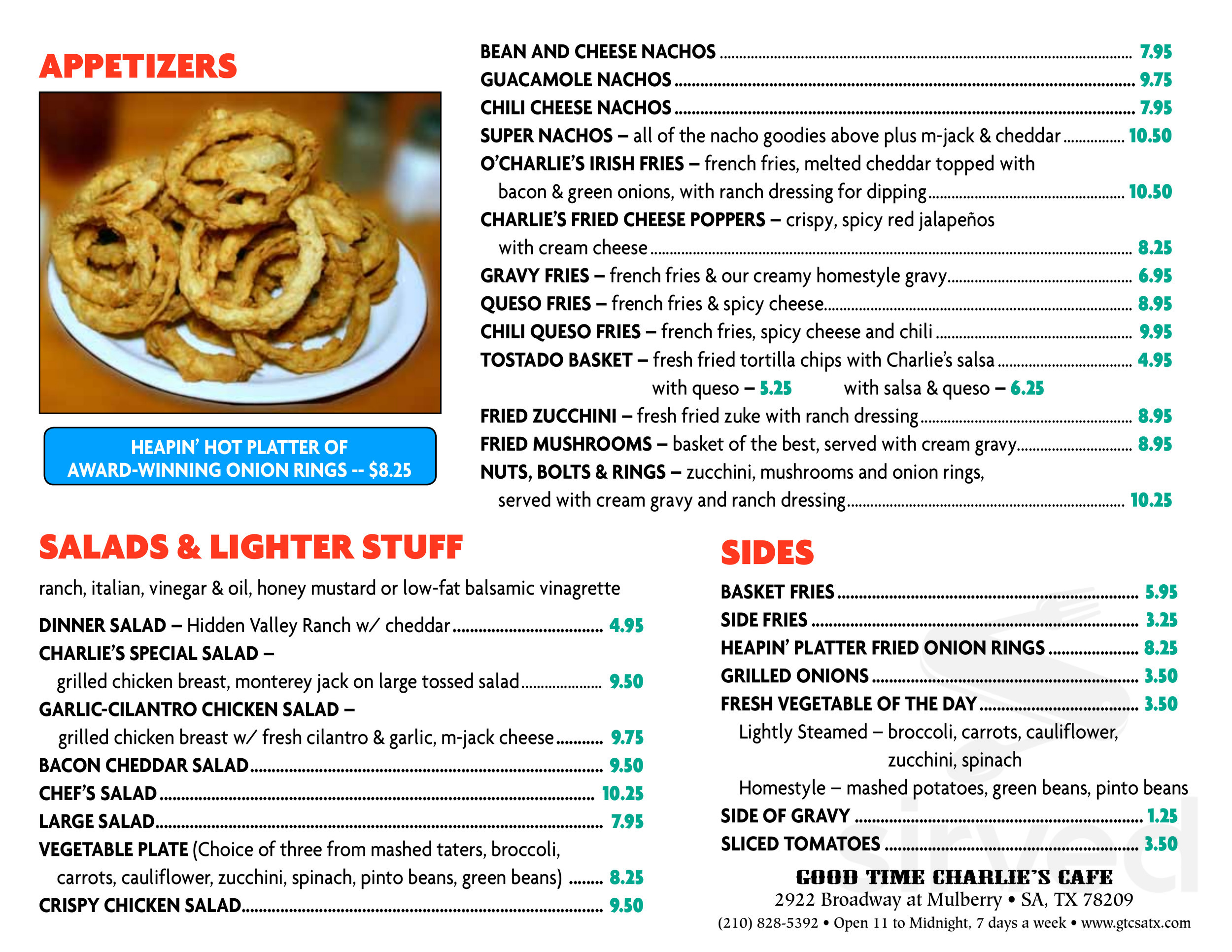 Good Time Charlie's Bar &amp; Cafe menu in San Antonio, Texas, USA