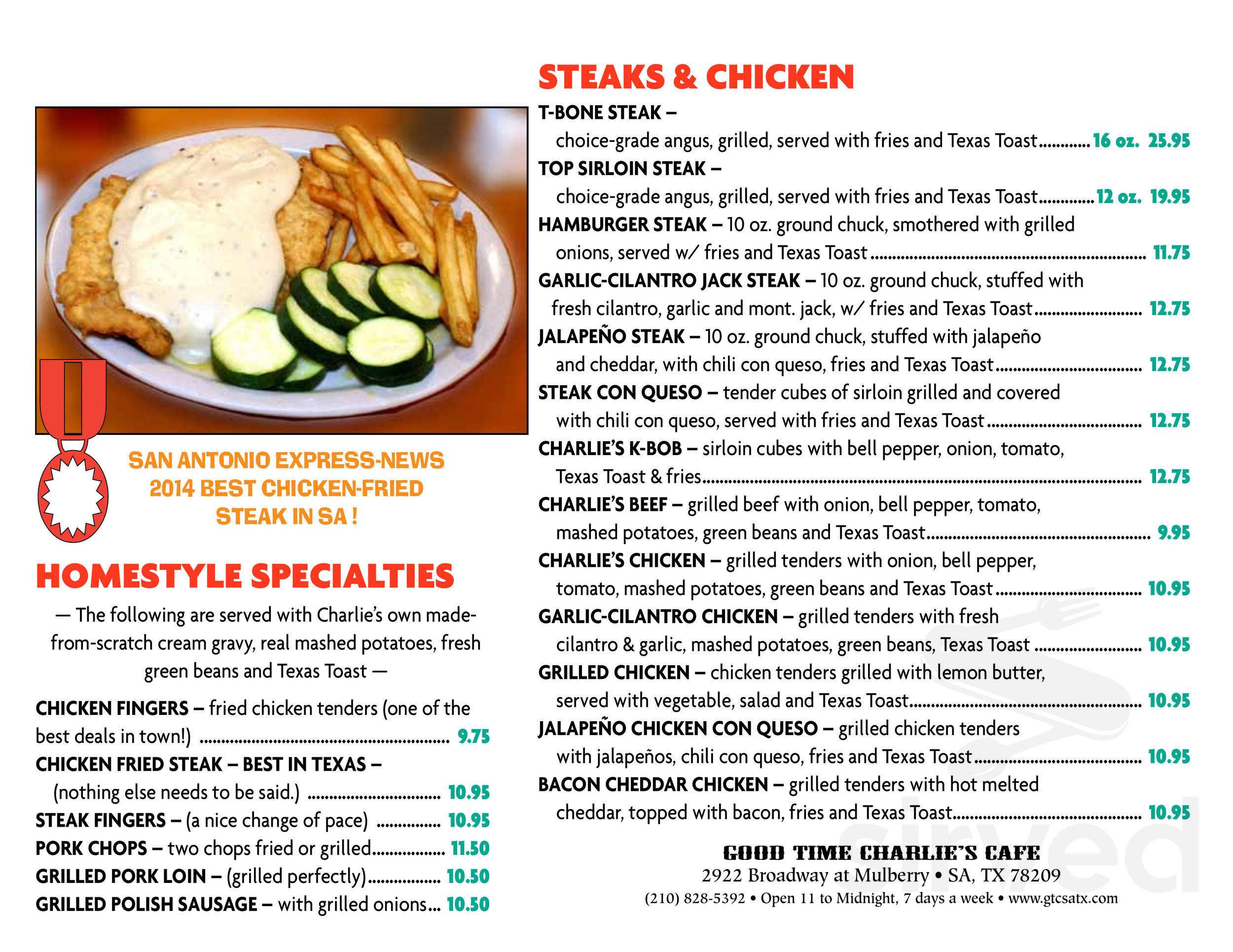 Good Time Charlie's Bar &amp; Cafe menu in San Antonio, Texas, USA