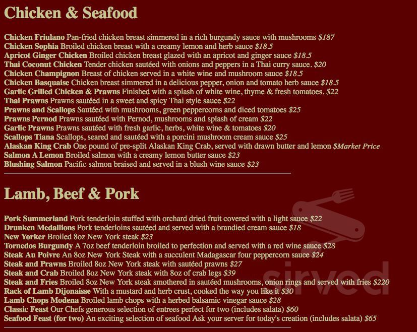 Zias Stonehouse Restaurant menu in Summerland, British Columbia