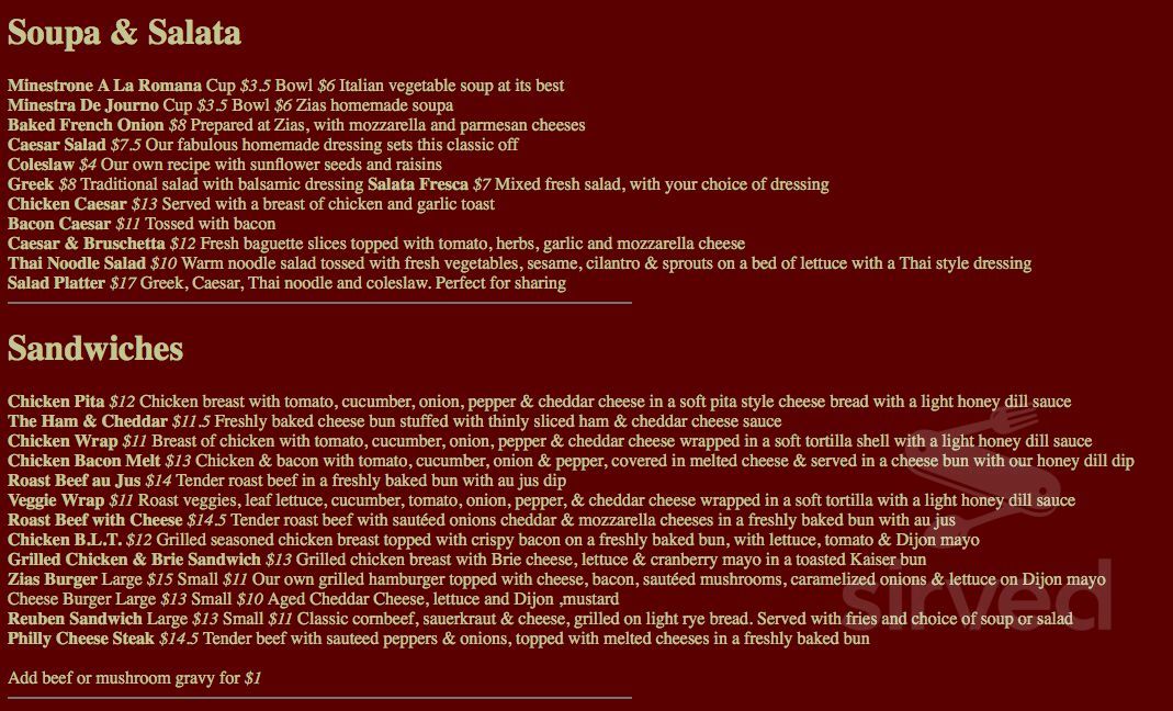 Zias Stonehouse Restaurant lunch menu in Summerland, British Columbia