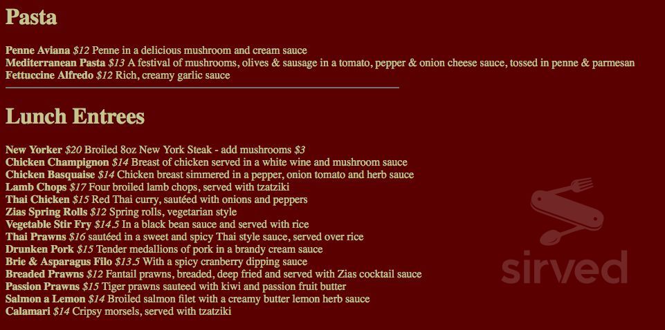 Zias Stonehouse Restaurant lunch menu in Summerland, British Columbia