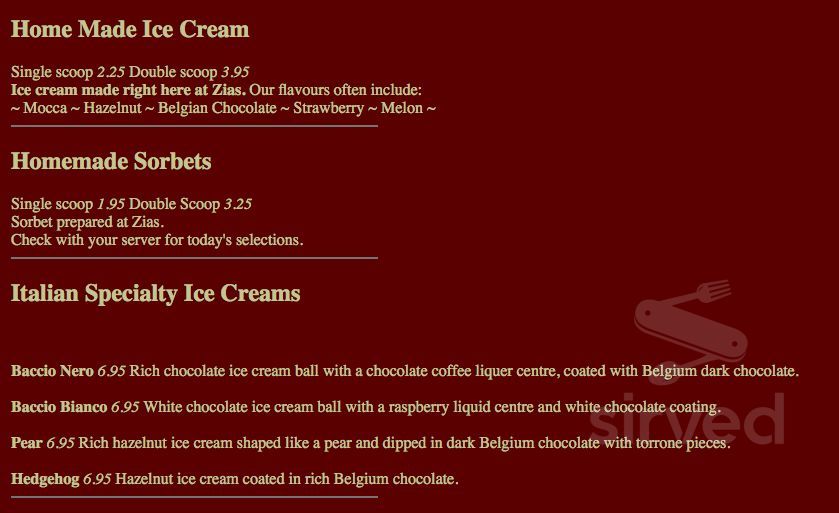 Zias Stonehouse Restaurant dessert menu in Summerland, British Columbia