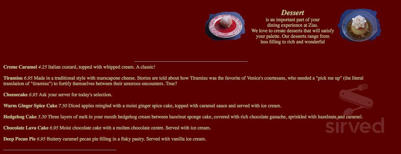 Zias Stonehouse Restaurant dessert menu in Summerland, British Columbia