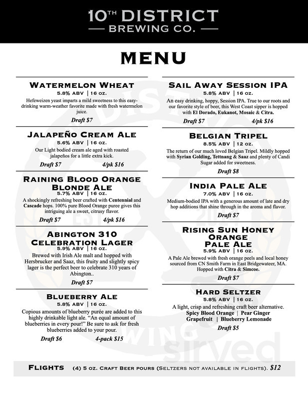 10th District Brewing Company menu in Abington, Massachusetts, USA