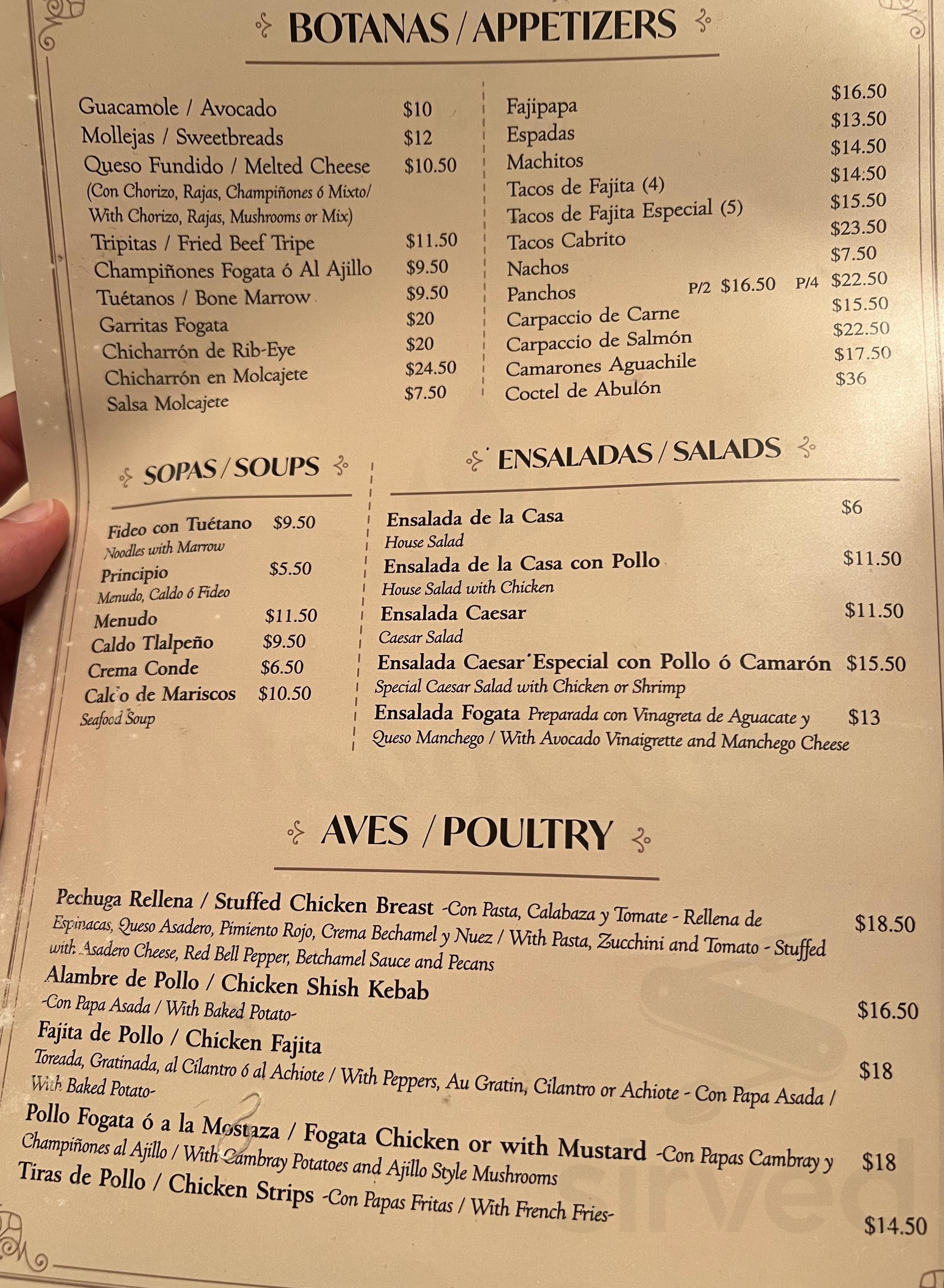 La Fogata menu in Mission, Texas, USA