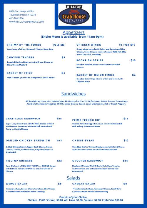 Hilltop Crab House Restaurant & Bar menu in Toughkenamon, Pennsylvania, USA