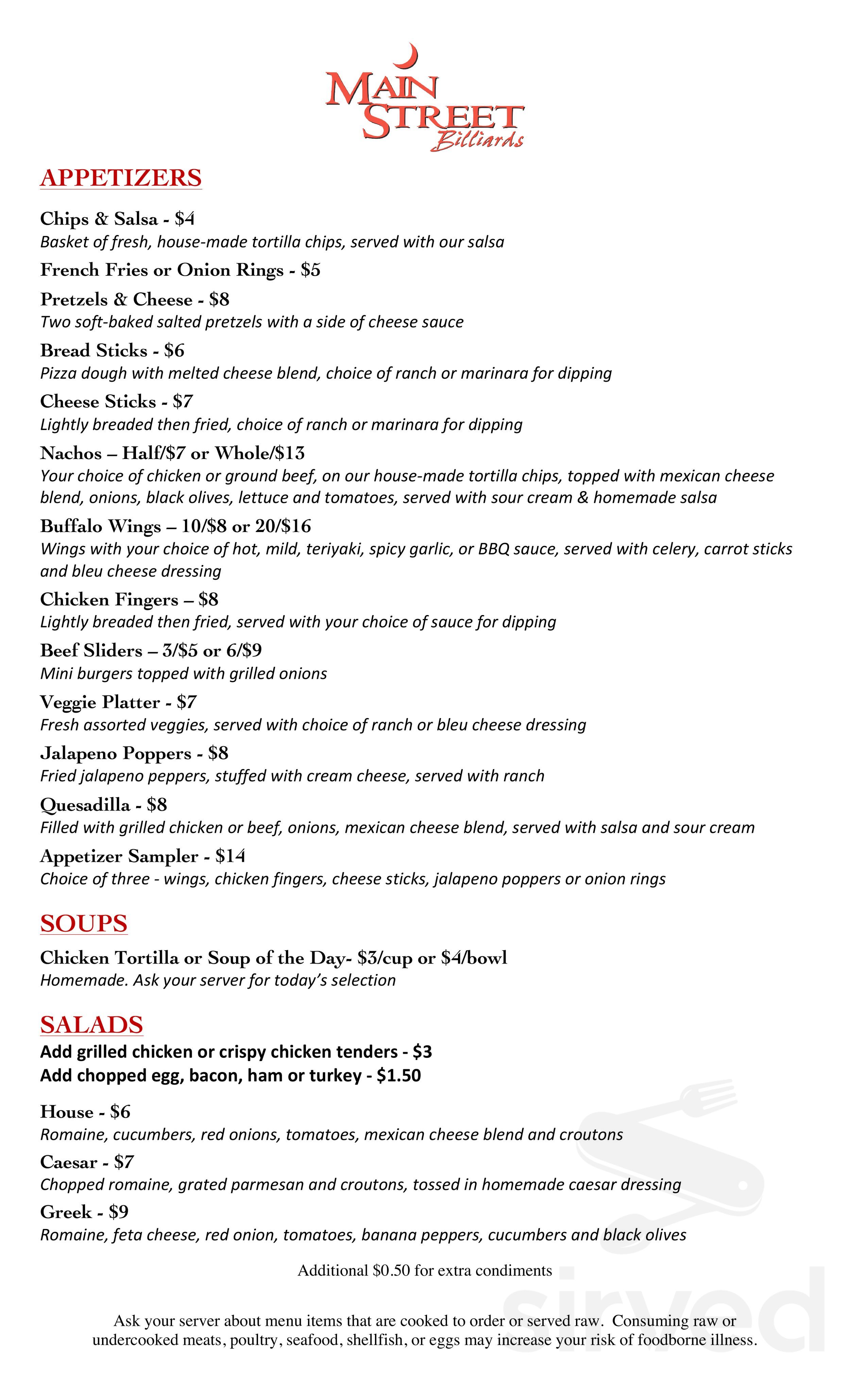 Main Street Billiards menu in Rochester, Michigan, USA 