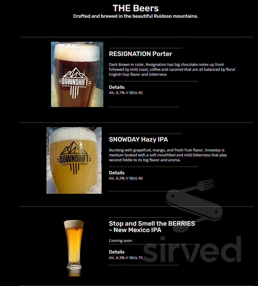 Hidden Tap Ruidoso Menu for Downshift Brewing Company (Hidden Tap) in Ruidoso, NM | Sirved