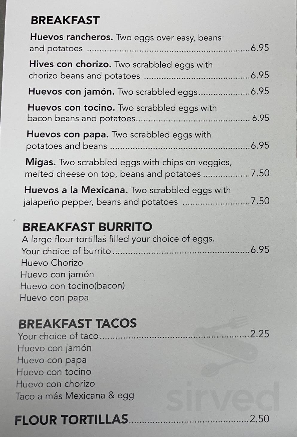 Taqueria chuy menu in Houston, Texas, USA