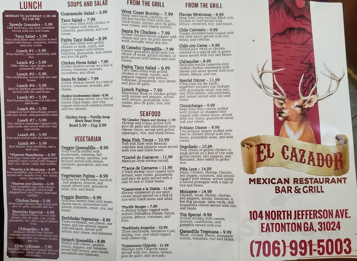 El Cazador Mexican Restaurant and Bar menus in Eatonton, Georgia ...