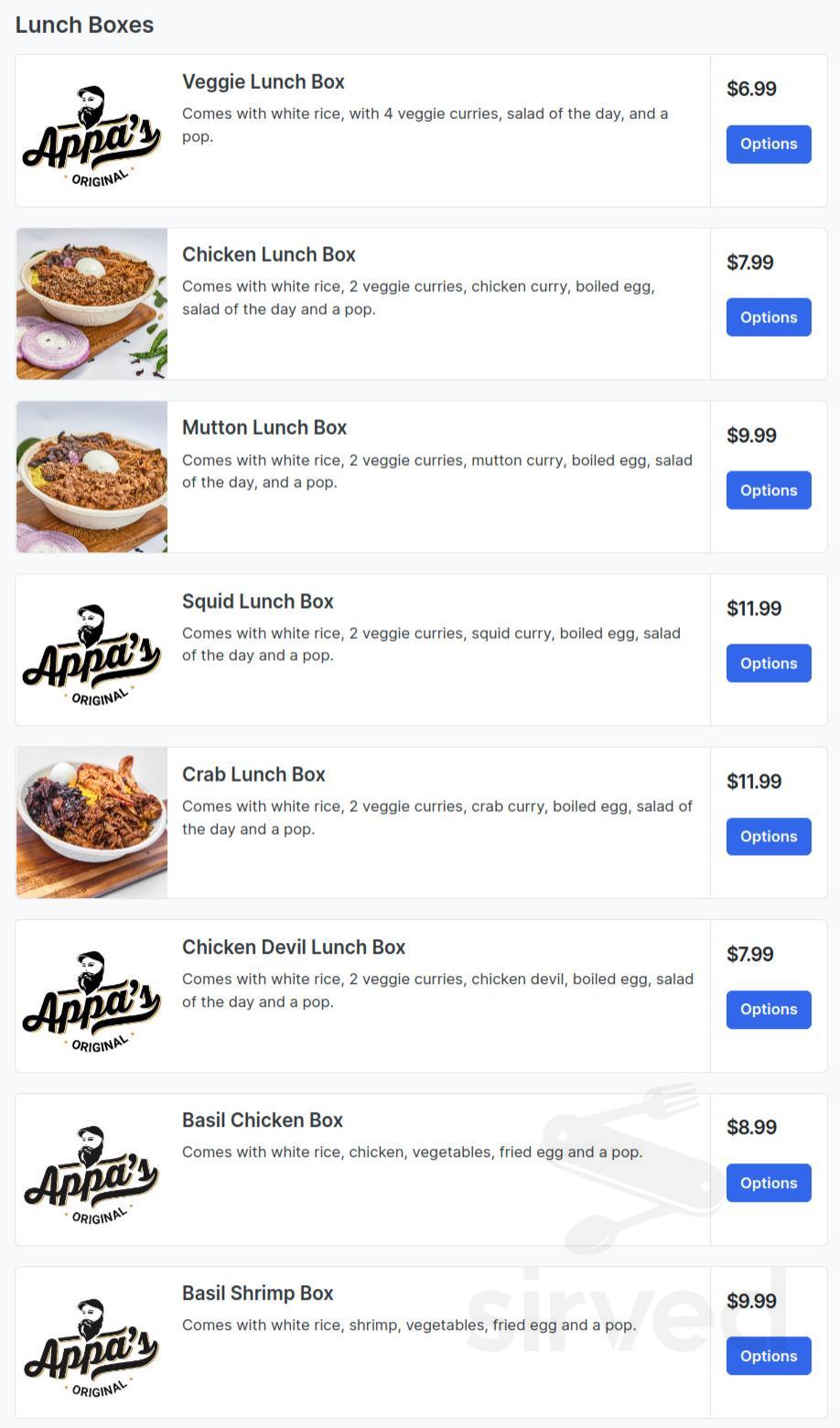Menu Appa Appa's Original Kitchen menu in Markham, Ontario, Canada