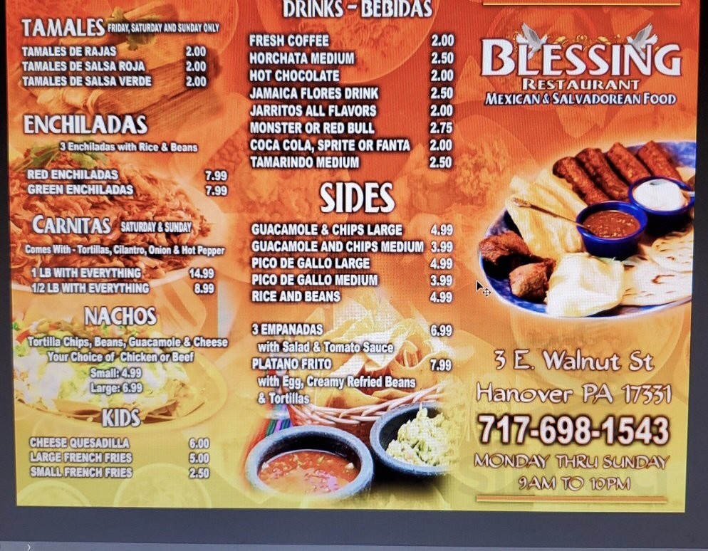 Blessing Restaurant menu in Hanover, Pennsylvania