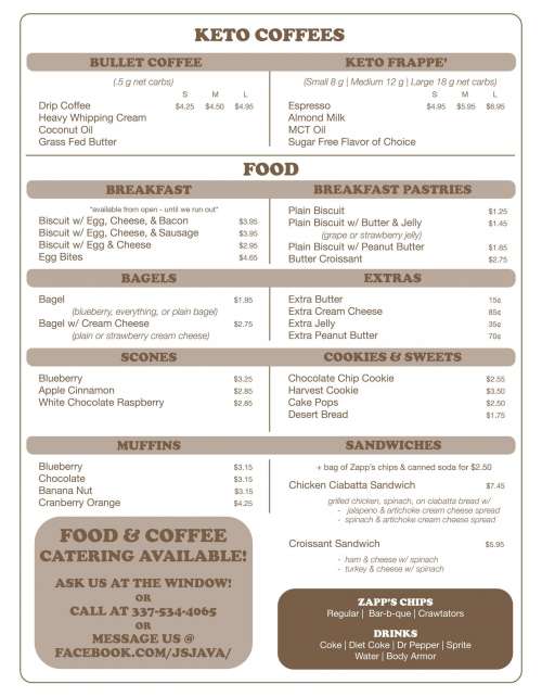 Johnston Street Java menu in Lafayette, Louisiana, USA