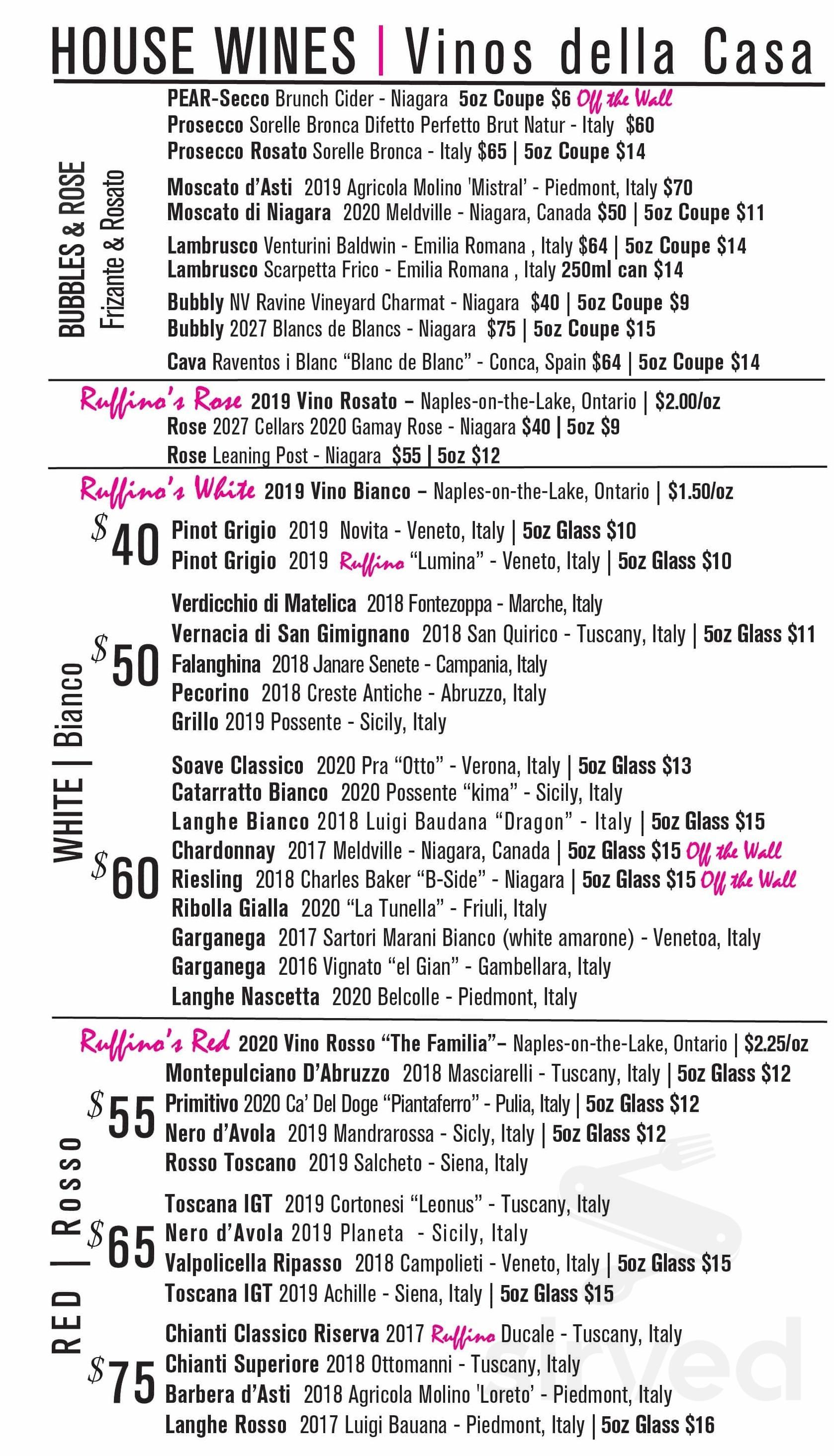 Cafe Ruffino Menu Menu for Ruffino's Pasta Bar & Grill in Niagara-on-the-Lake, ON | Sirved