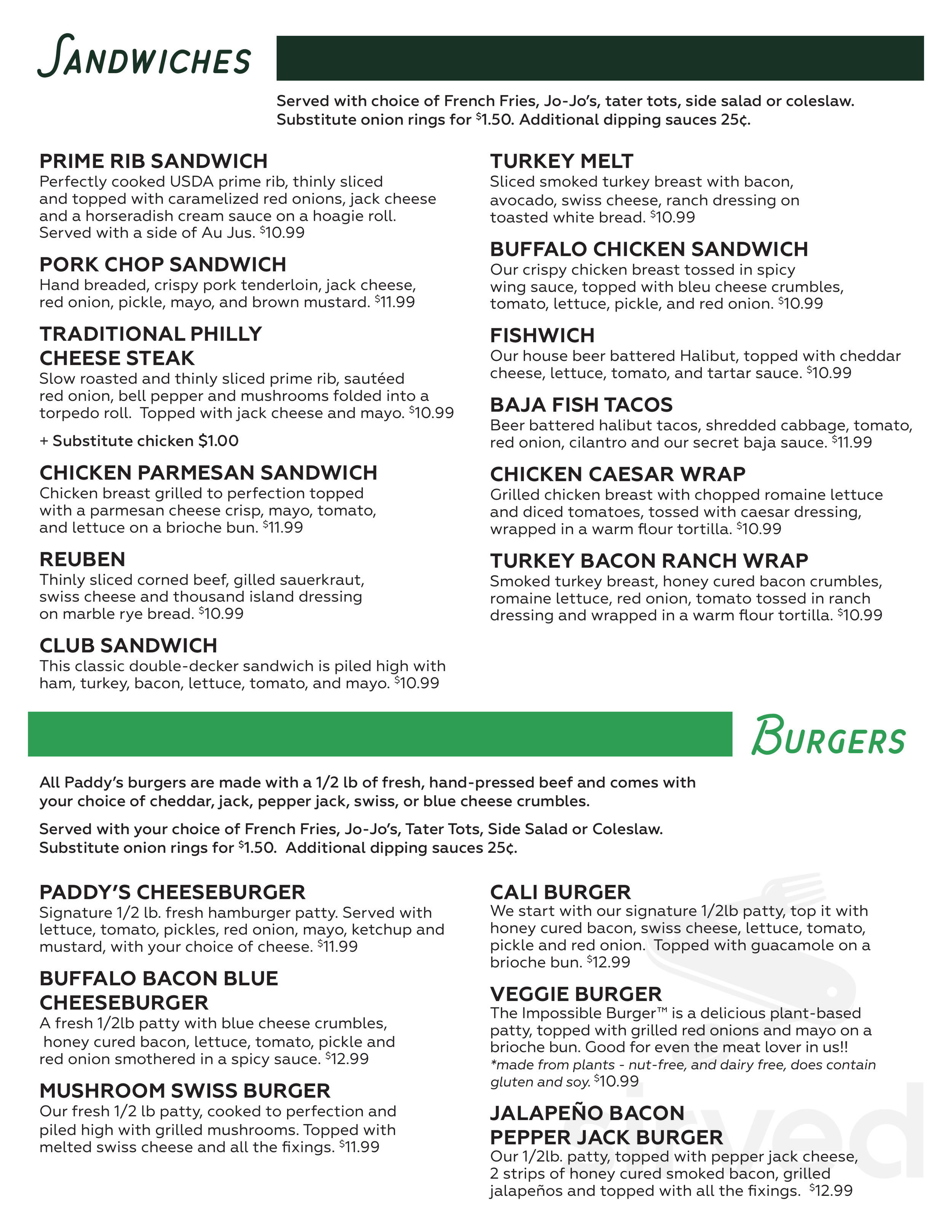 Paddy's Sports Bar menu in Coeur d'Alene, Idaho, USA